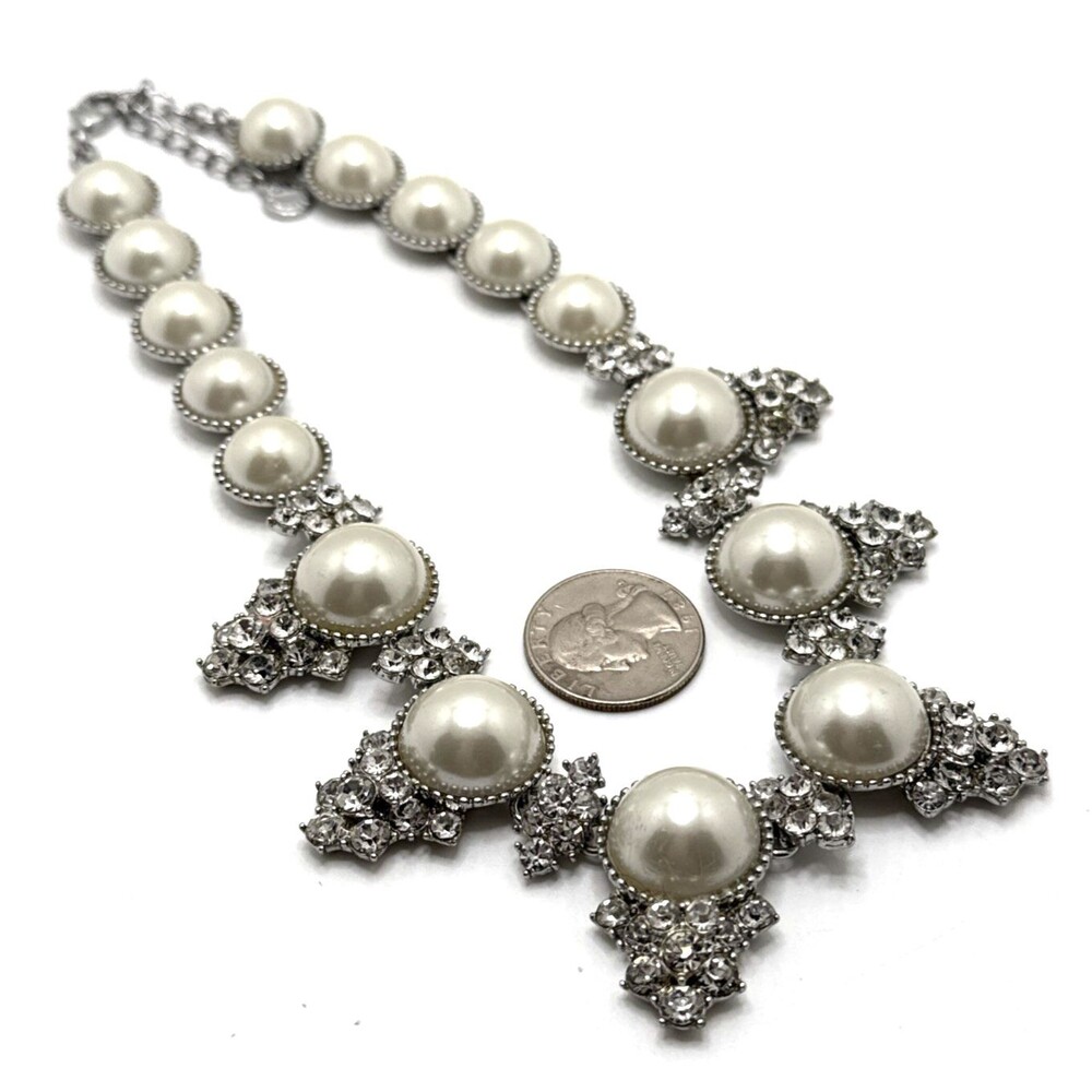 CHARTER CLUB Faux Pearl Rhinestone Choker Necklace Silver Tone Collar 16" - 18" - Picture 8 of 9